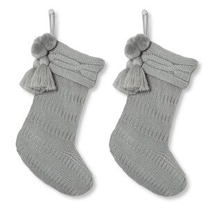 NEW! Lot of 2 Gray Cable Knit Christmas Stockings with Tassels -- Hearth & Hand
